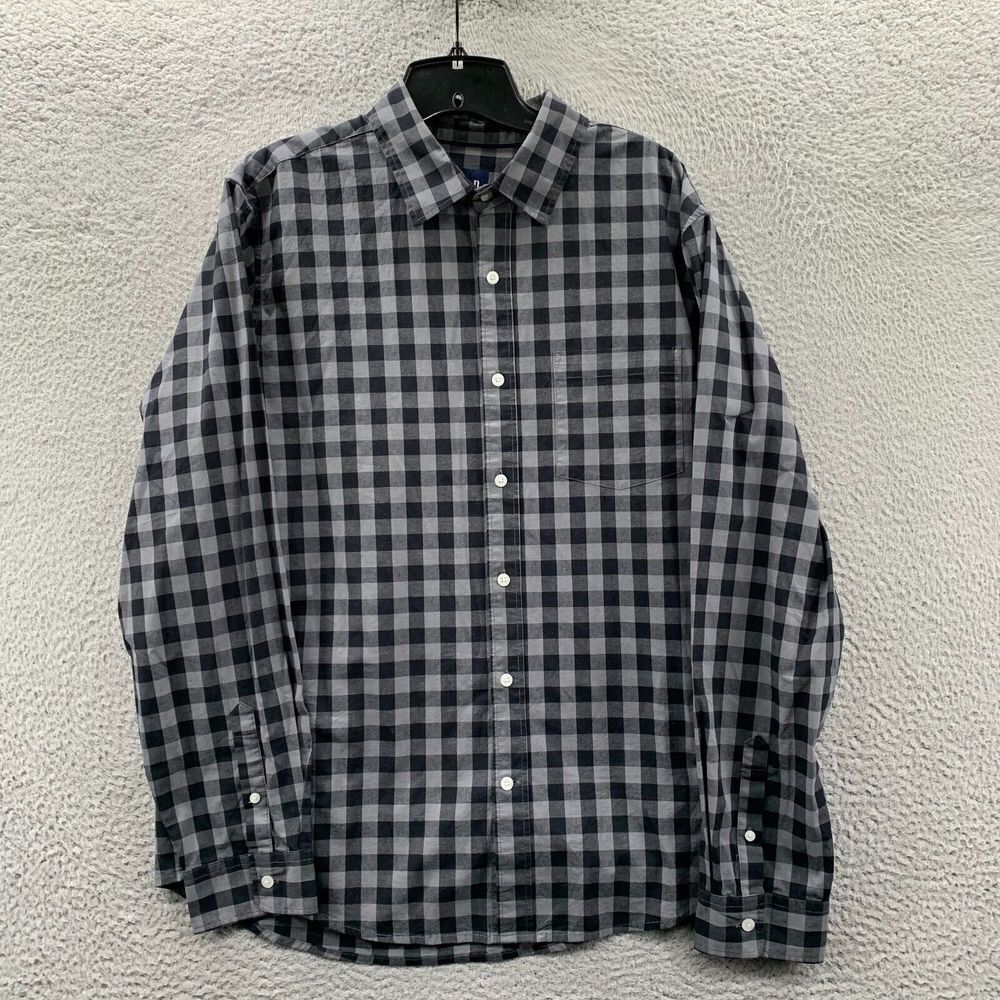 GAP Shirt Mens Size Large Button Up Plaid Long Sleeve Gray Oxford